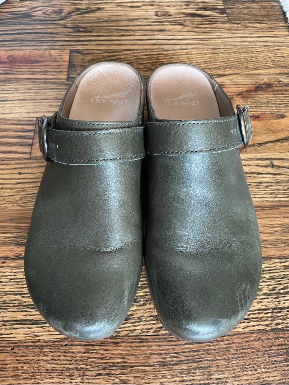 Dansko Olive Green Leather Buckled Clogs 38